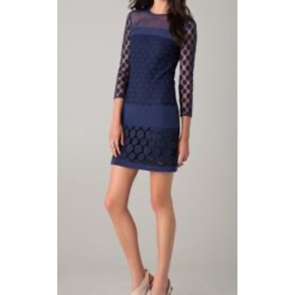 Diane Von Furstenberg Navy Sheer Polka Dot Lace Shift Dress Size 10